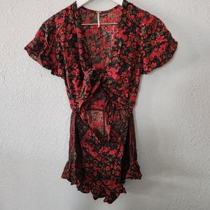 Free People Moody Floral Short Romper Red Black Romantic